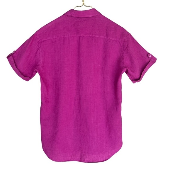 Bugatchi Men’s Shaped Fit Pink Linen Short Sleeve Button Down Shirt - Picture 5 of 9